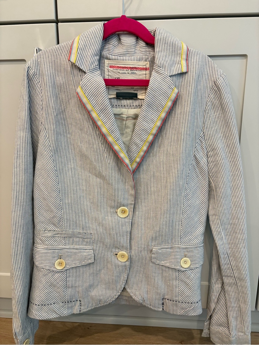 Cartonnier Striped Seersucker Blazer with Pink and Yellow Trim